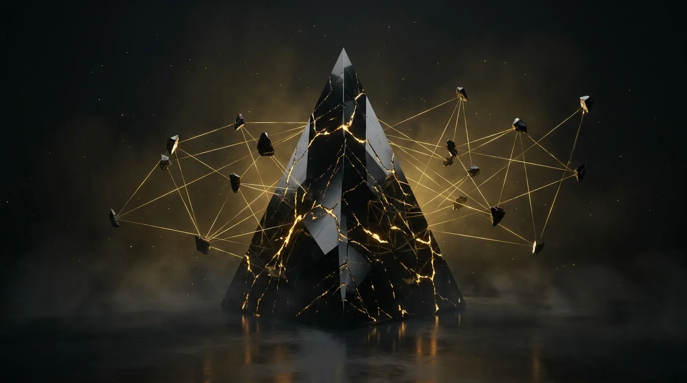 The obsidian monolith at the center of a constellation of floating shards, connected by threads of gold light